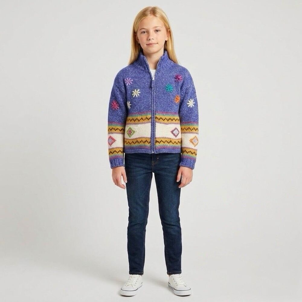 Otavalo Ecuadorian Wool Floral Embroidered Zip Sweater Teen Youth Winter Sz L/XL